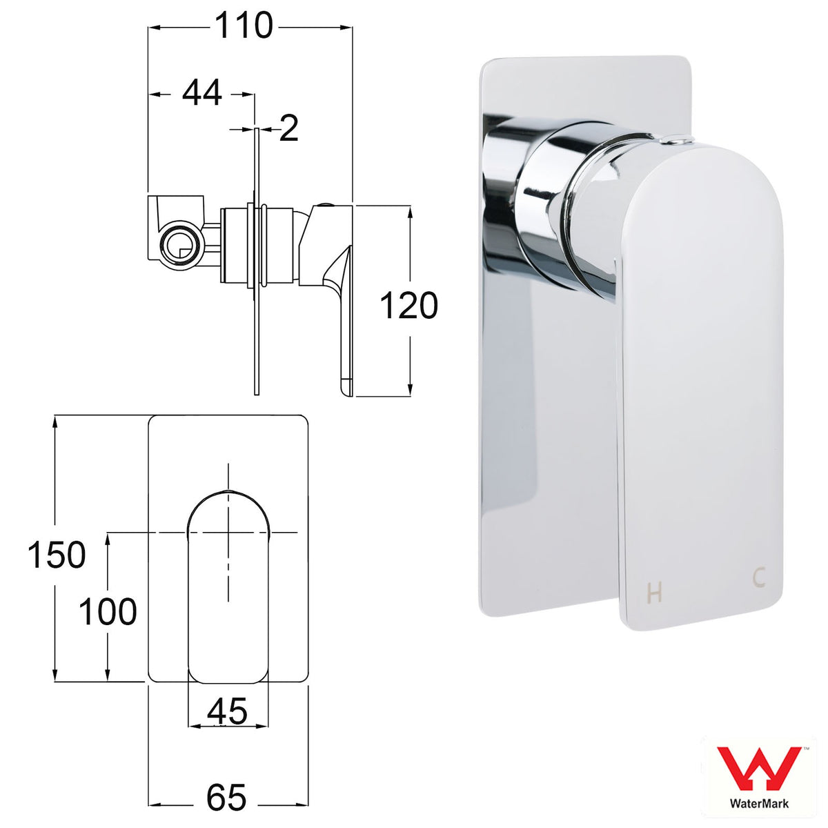 Chrome Square Lever Handle Shower Mixer Hot Cold Water Valve Watermark Standard
