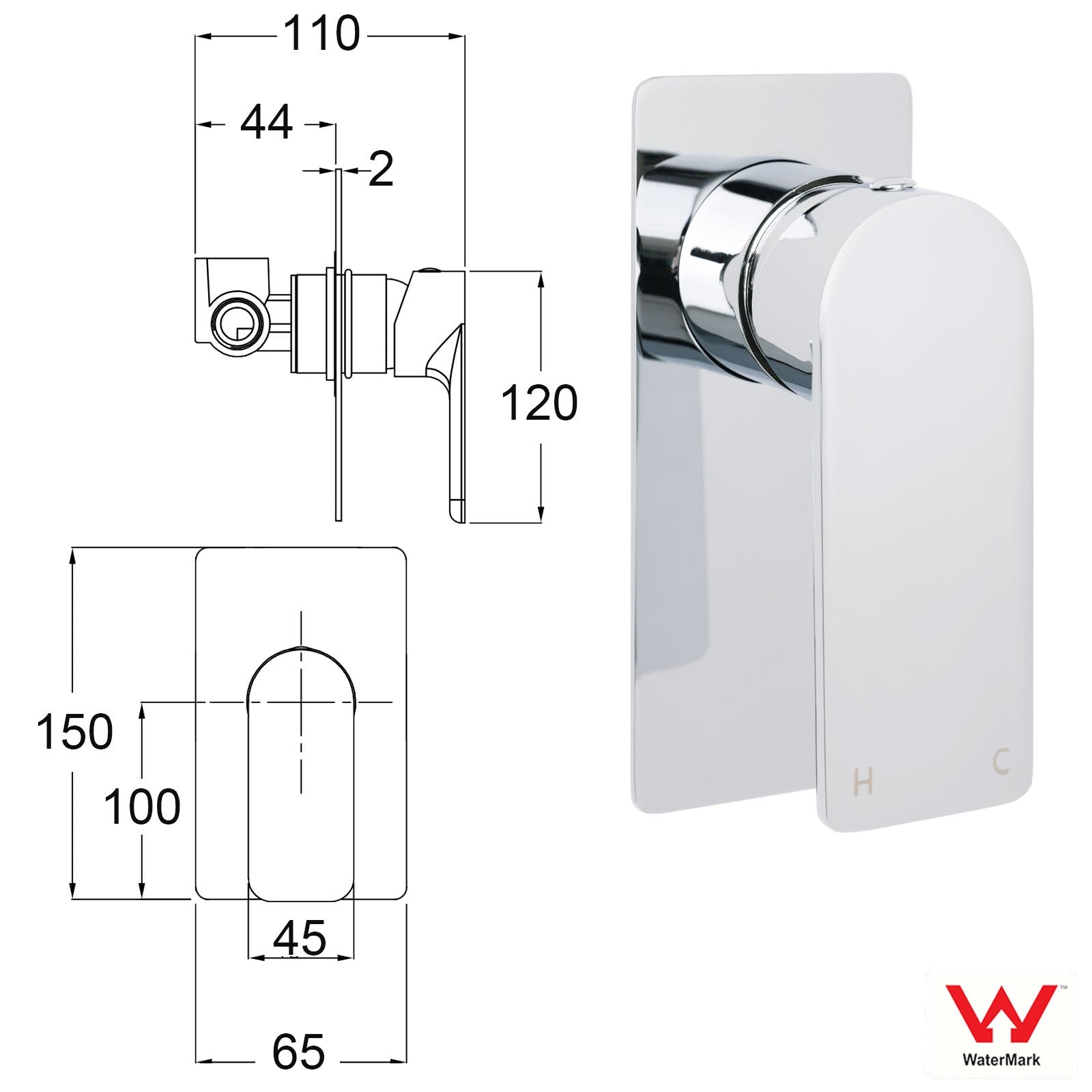 Chrome Square Lever Handle Shower Mixer Hot Cold Water Valve Watermark Standard