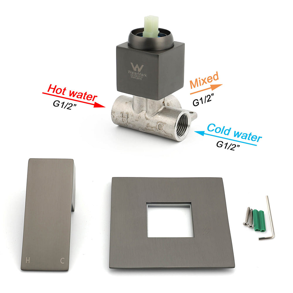 Watermark Gun Metal Square Bath Shower Mixer Hot Cold Tap Ceramic Cartridge Valve