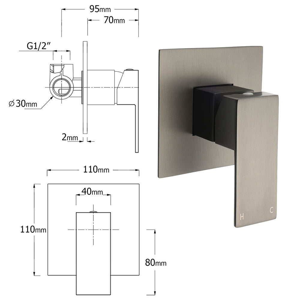 Watermark Gun Metal Square Bath Shower Mixer Hot Cold Tap Ceramic Cartridge Valve