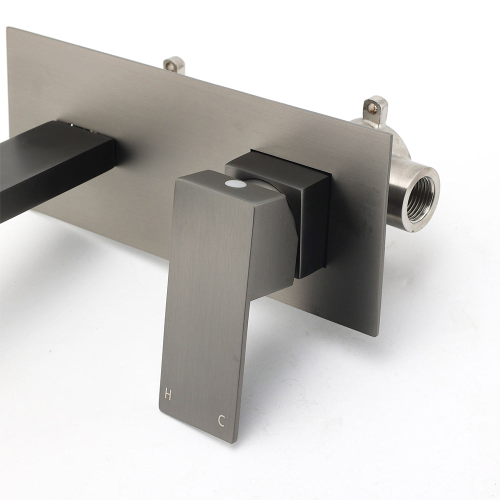 WELS Gun Metal Square Wall Mount Basin Mixer Laundry Vanity Tap Spout Faucet Set