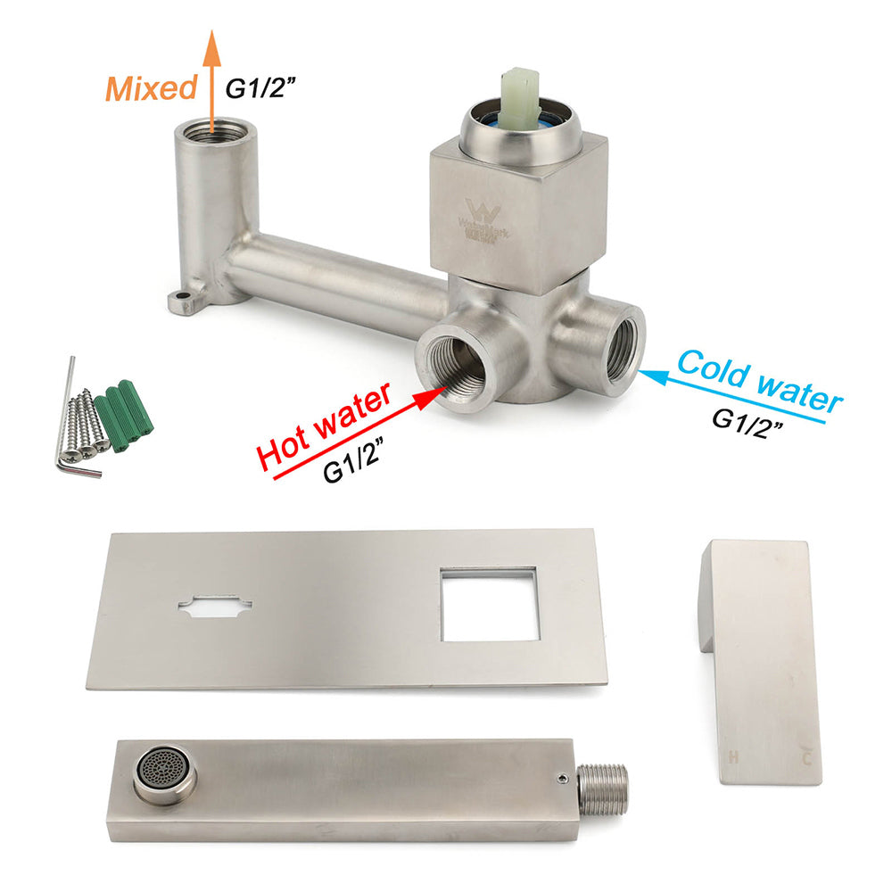 Brushed Nickel Square Wall Mount Basin Mixer Laundry Vanity Tap Spout Faucet Set