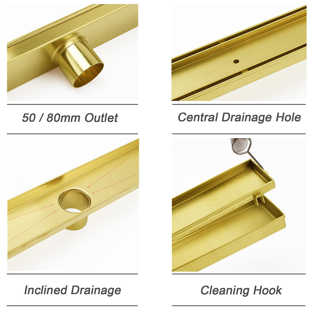 Brushed Gold 304SUS 800mm Tile Insert Shower Grate Floor Drain 50mm Waste Outlet