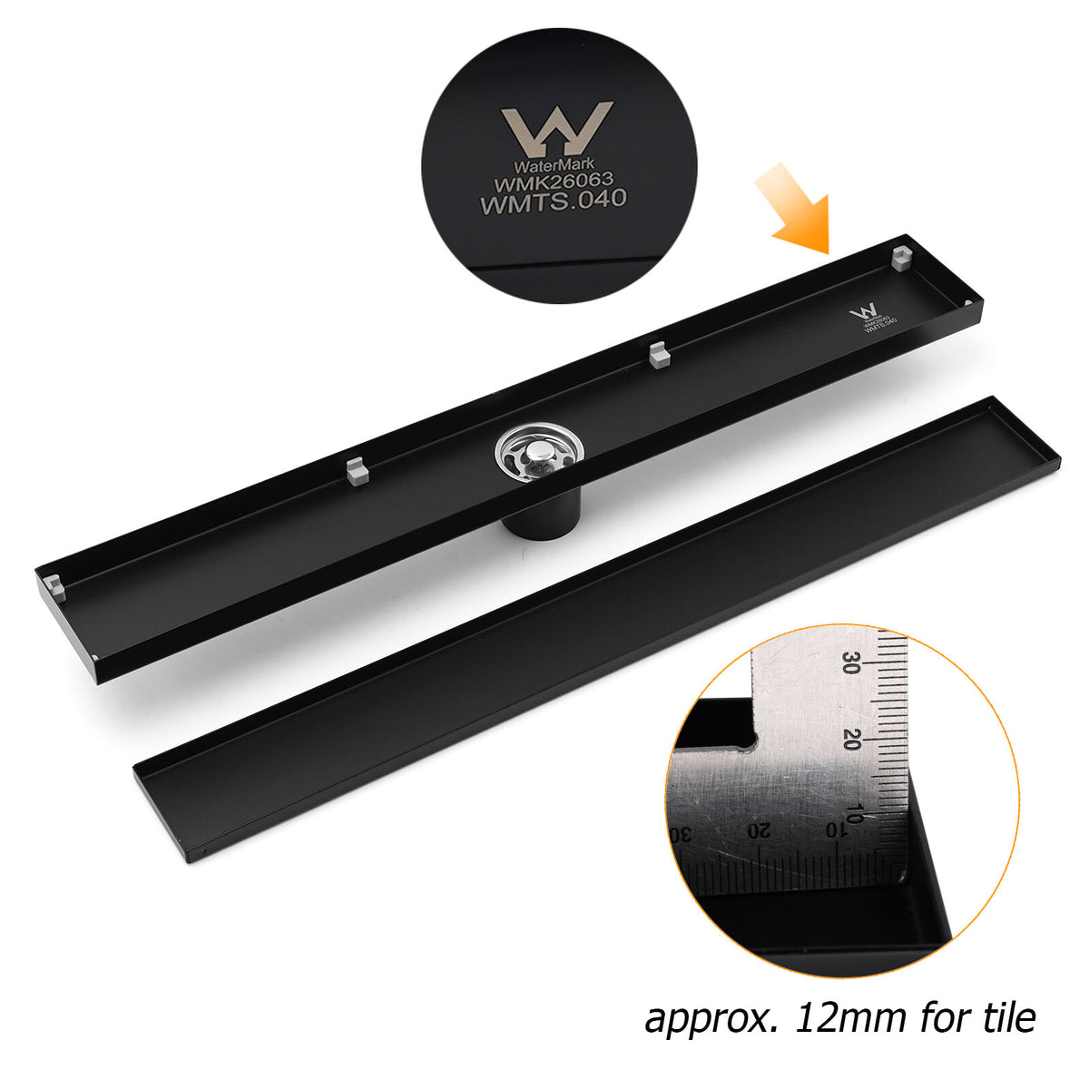 Matt Black 800mm Tile Insert Bathroom Floor Drain Shower Grate 50mm Outlet Waste