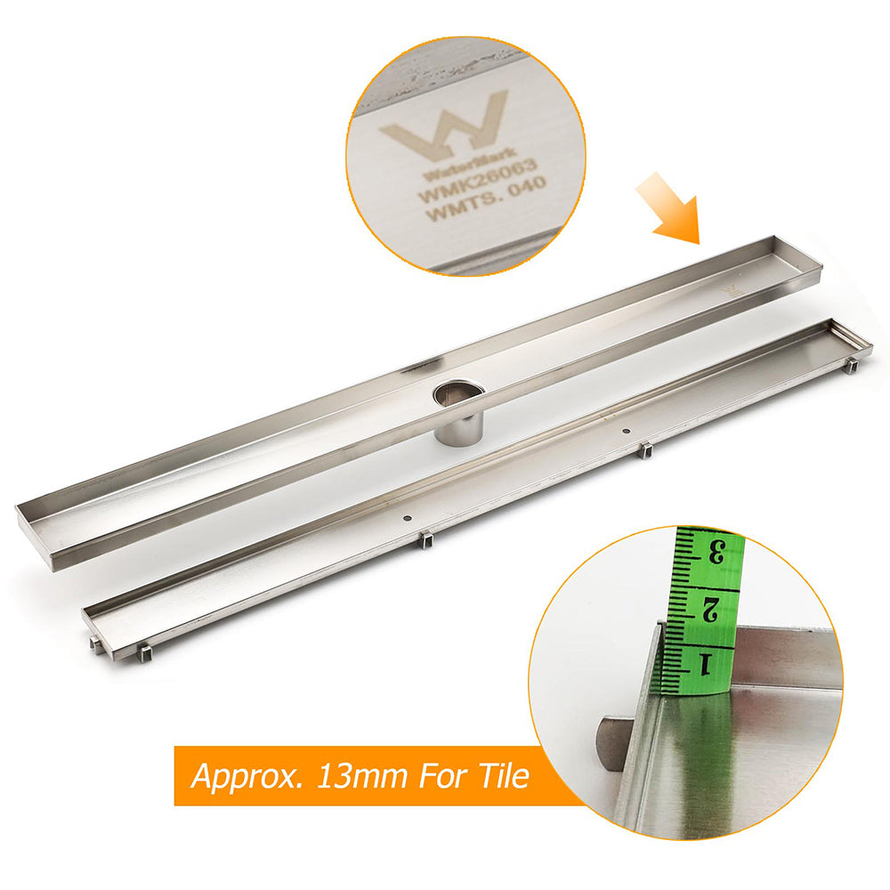 WaterMark Brushed Steel 900mm Tile Insert Shower Grate Floor Drain 50mm Outlet