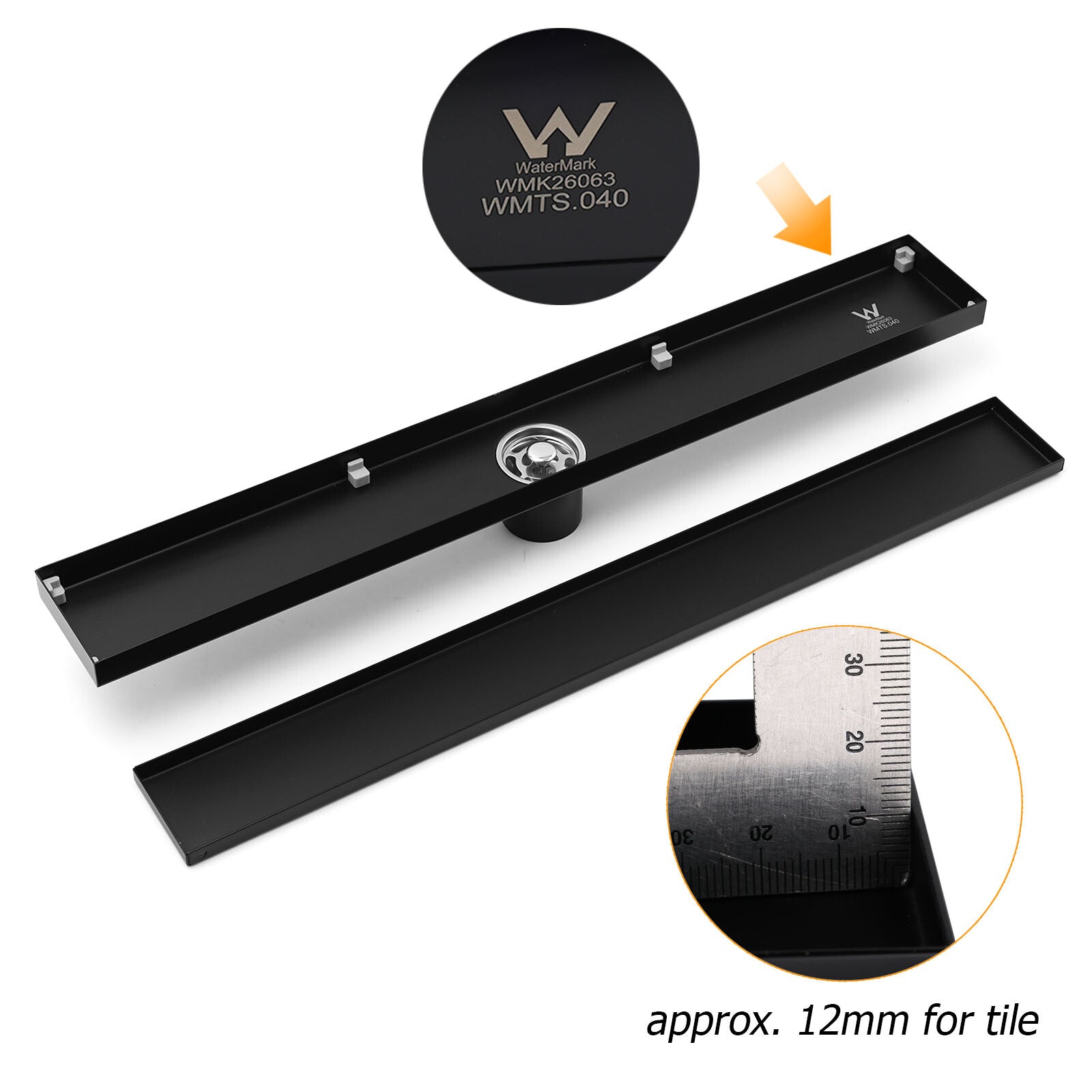 WaterMark Matt Black 900mm Tile Insert Shower Grate Floor Drain 50mm Flow Waste
