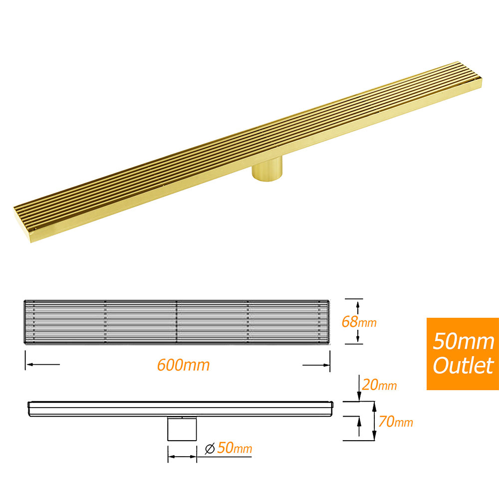 Brushed Gold 304 SUS 600mm Strip Fence Sword Shower Grate Floor Drain 50mm Waste