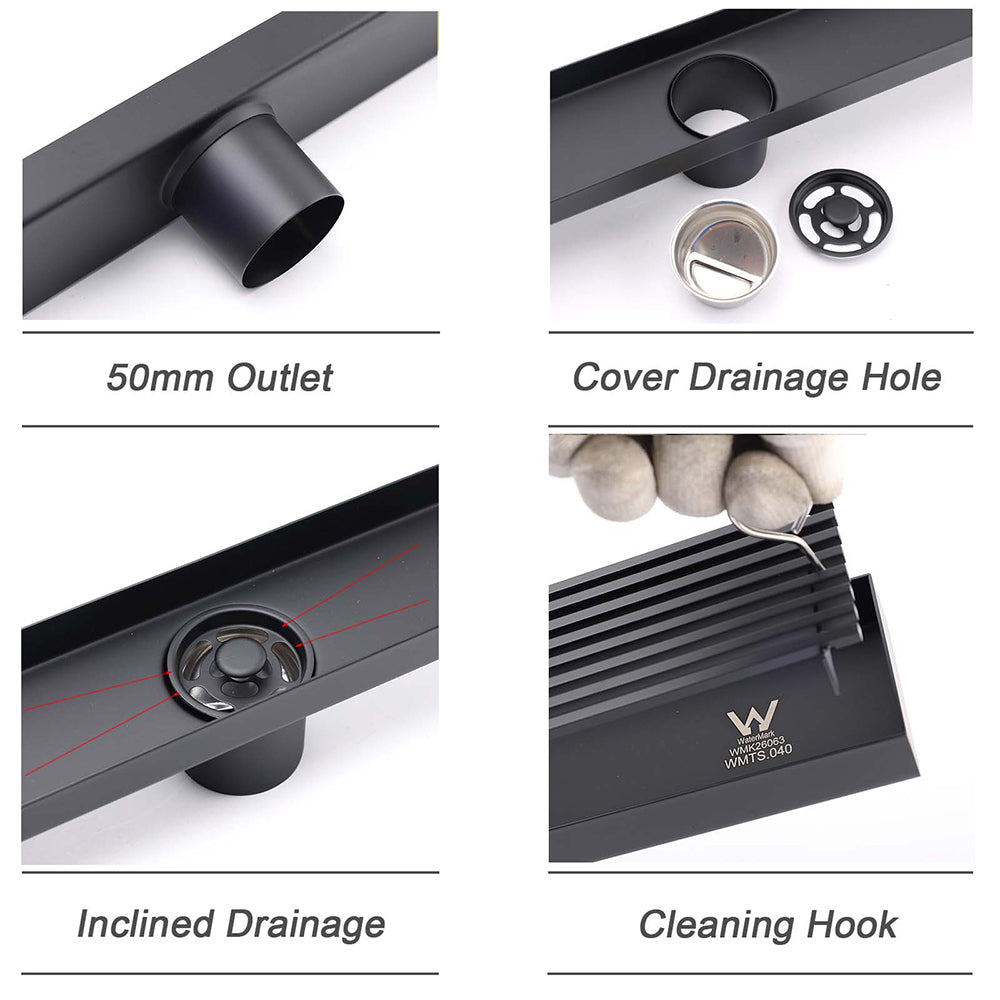 Matt Black 600mm Strip Fence Sword Shower Grate Floor Drain 50mm Waste Outlet