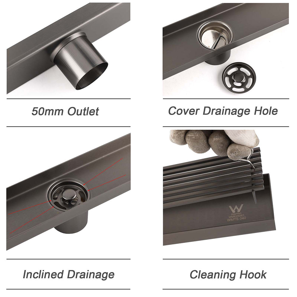 Gun Metal Stainless Steel 600mm Strip Fence Shower Grate Floor Drain 50mm Waste