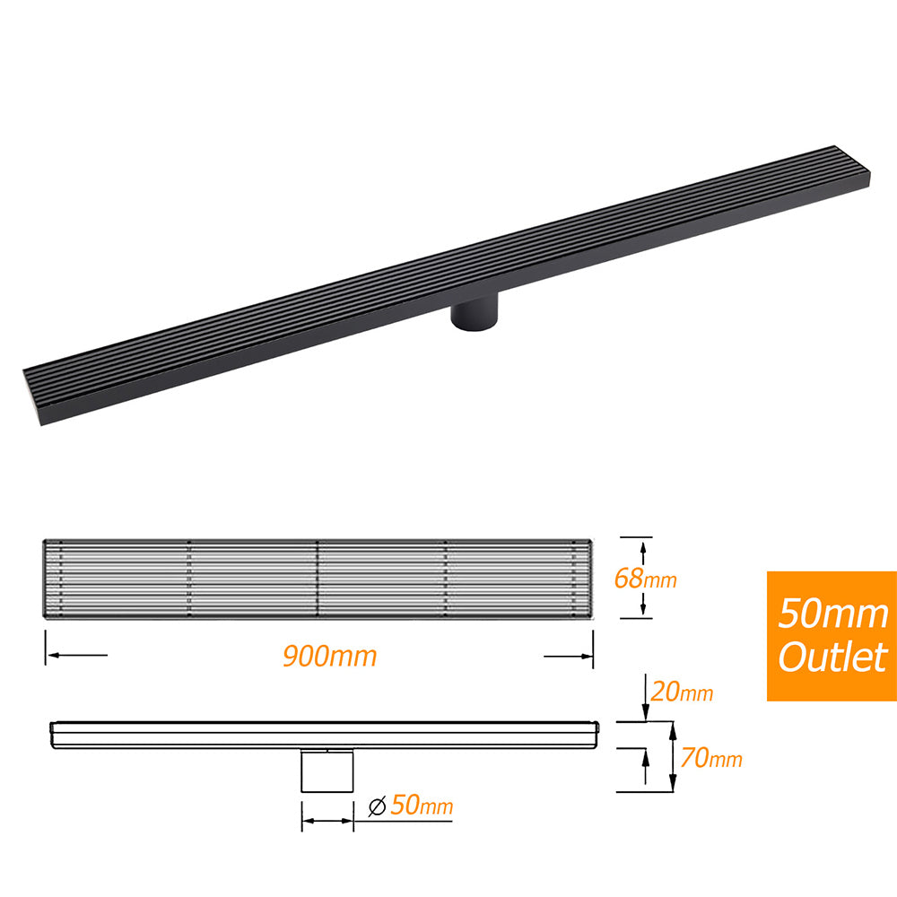 Matt Black 900mm Long Strip Fence Shower Grate Floor Drain 50mm Waste Watermark