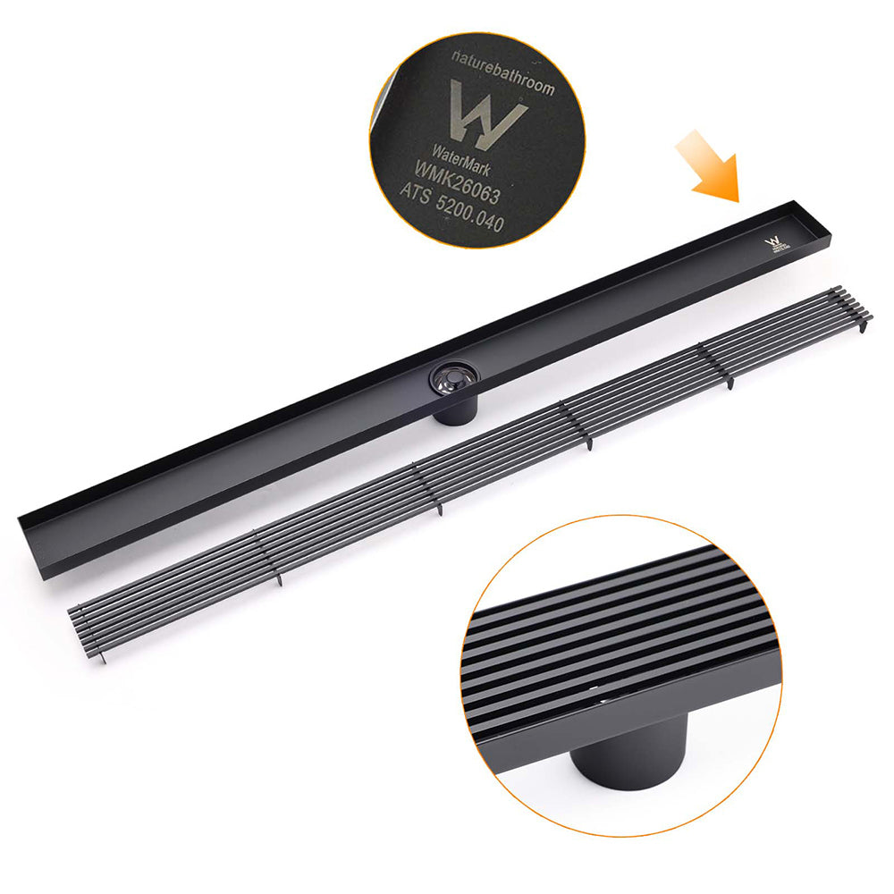 Matt Black 900mm Long Strip Fence Shower Grate Floor Drain 50mm Waste Watermark