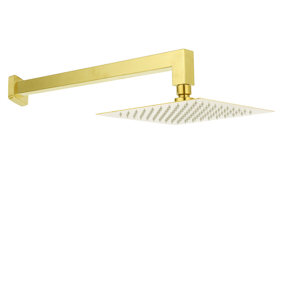 WELS Brushed Gold 10" Square Thin Rain Shower Head 400mm Straight Wall Arm Set