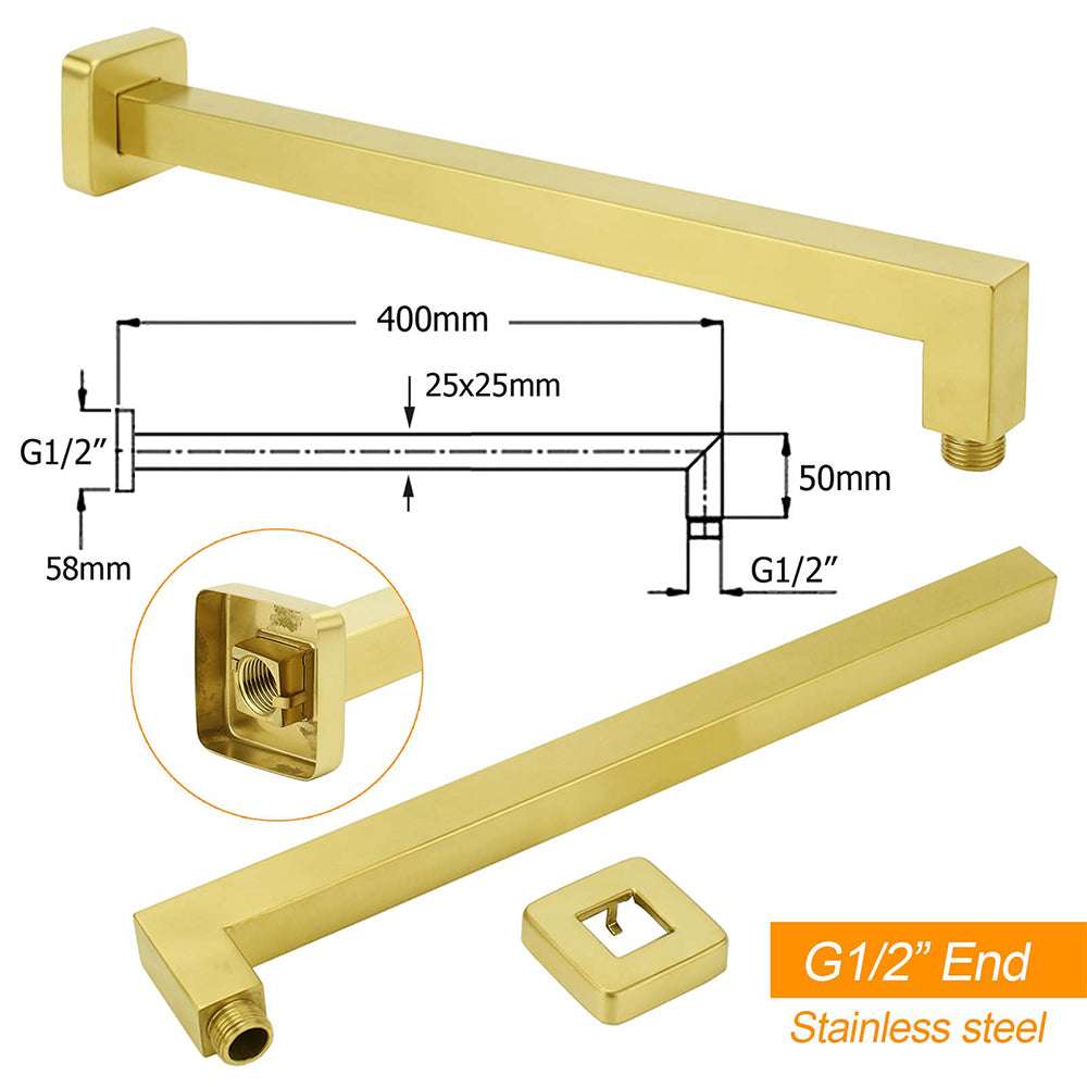 WELS Brushed Gold 12" Square Thin Rain Shower Head 400mm Straight Wall Arm Set