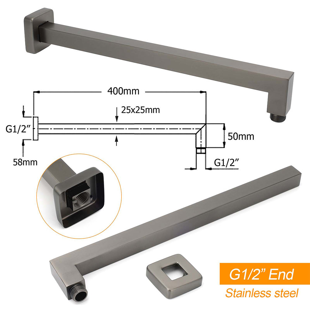 Gun Metal 8" Square Large Rainfall Shower Head 400mm Straight Wall Mounted Arm Set