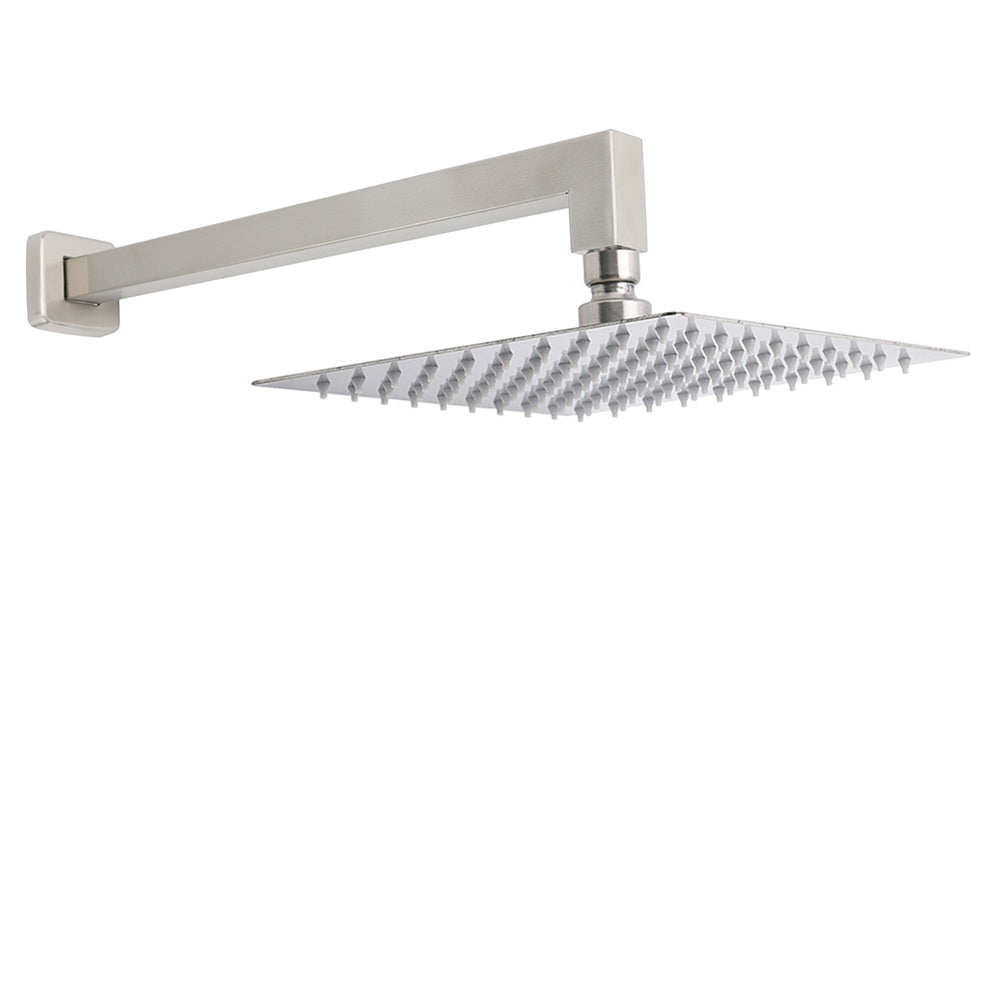 Brushed Nickel 10" Square Rainfall Shower Head + 400mm Straight Wall Mount Arm