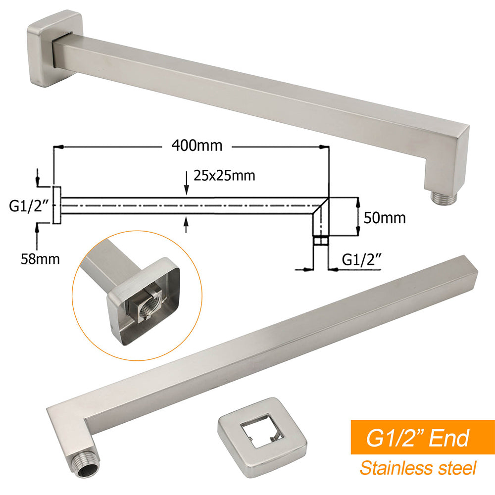 Brushed Nickel 12" Square Rainfall Shower Head + 400mm Straight Wall Mount Arm