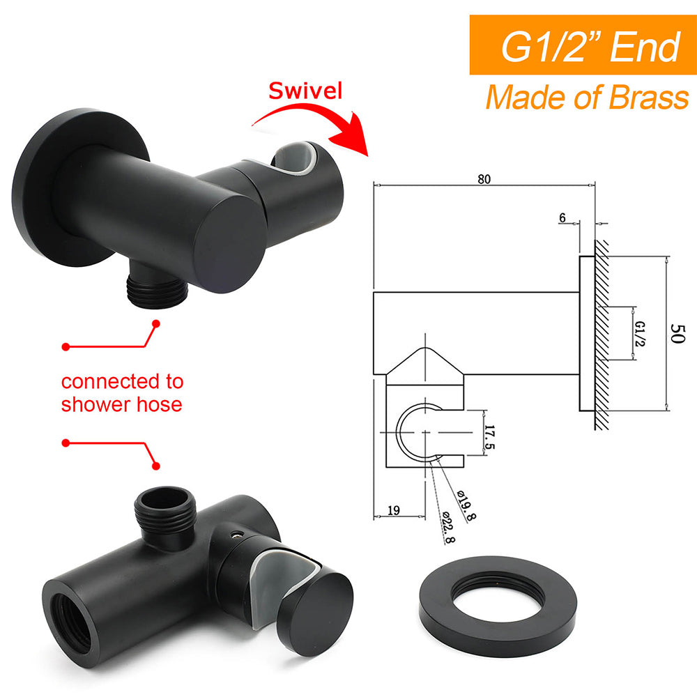Matt Black Brass Hand Shower Bracket Swivel Holder Wall Elbow Connector Water Inlet Kit