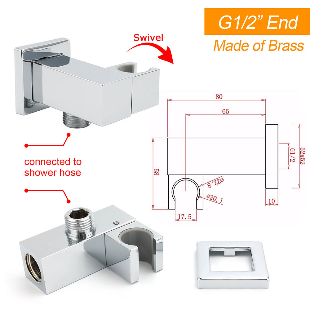 Chrome Square Water Inlet Shower Rose Bracket Swivel Holder Wall Elbow Connector G1/2" Thread