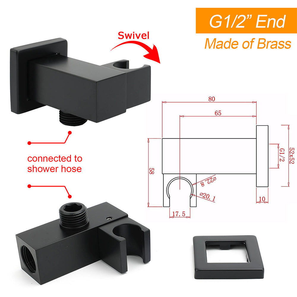 Matt Black Square Water Inlet Shower Head Bracket Adjustable Holder Wall Elbow Connector