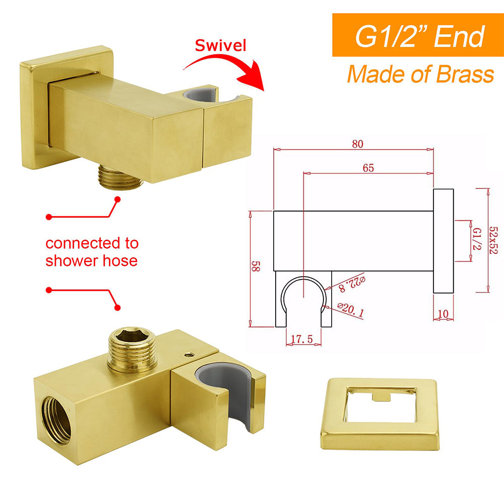 Brushed Gold Swivel Shower Head Holder Bracket Wall Inlet Elbow Water Connector 1/2 Inch