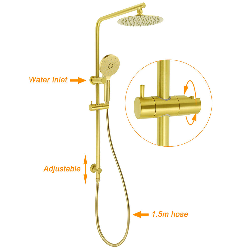 Brushed Gold Twin Shower Set Sliding Rail Arm 8" Round Head 3 Modes Handheld