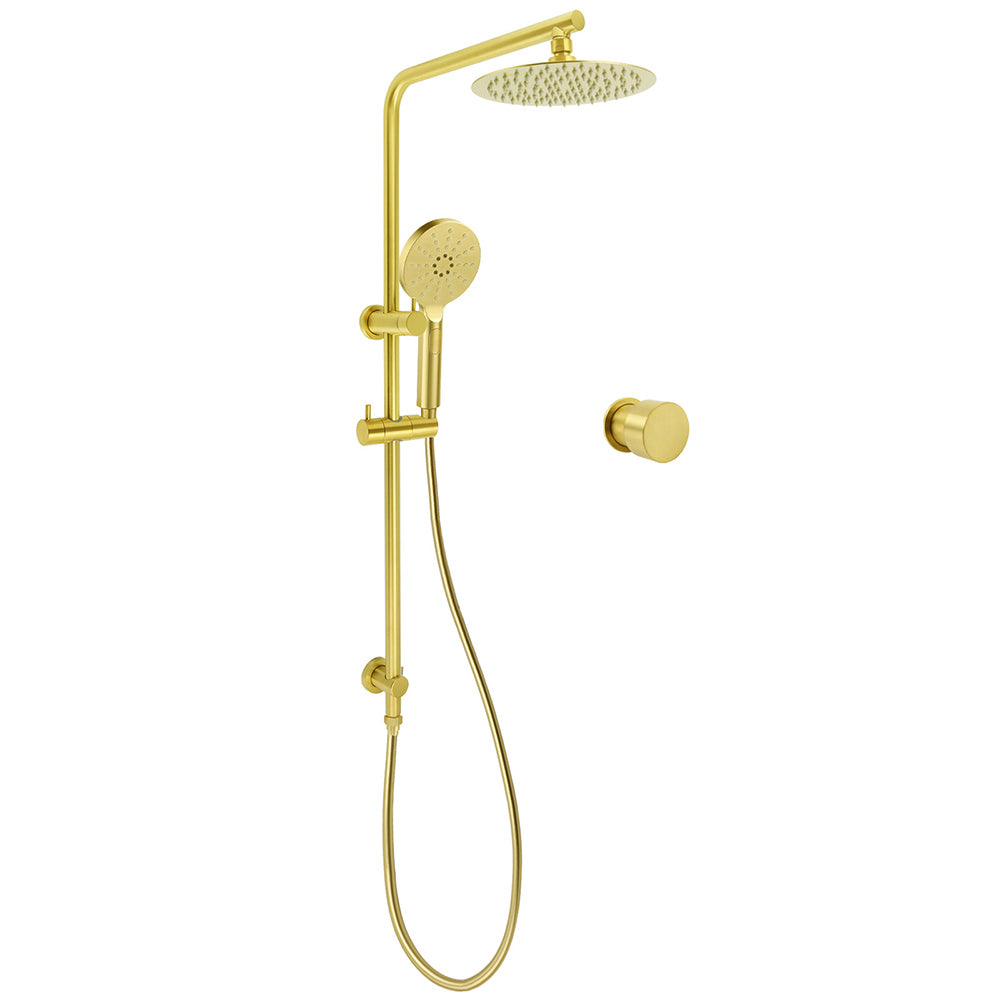 Brushed Gold Twin Shower Set 8" Round Head 3 Modes Handheld Sliding Rail Arm Mixer Valve