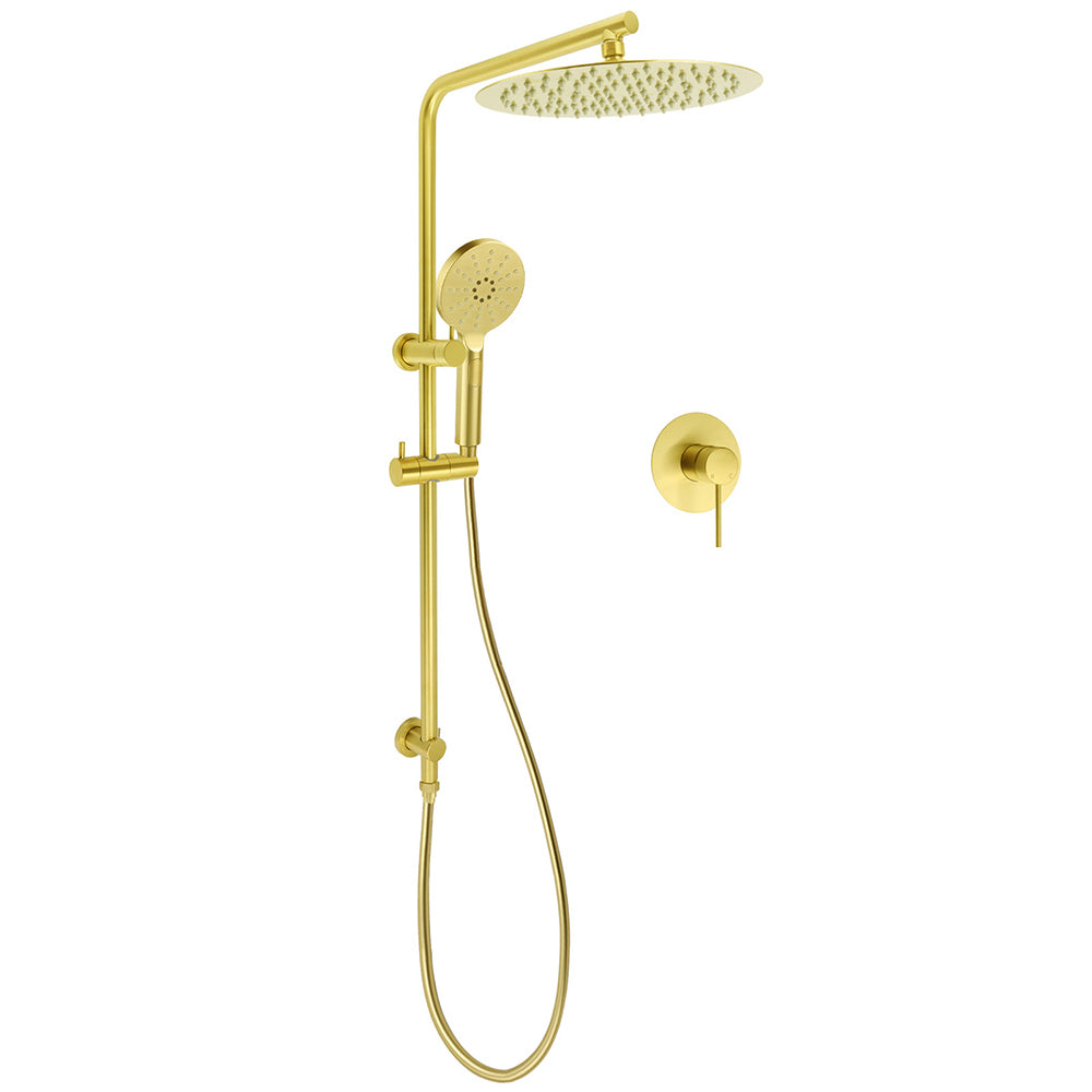 WELS Brushed Gold Twin Shower Large Round 12" Rain Head Handheld Silde Wall Rail Arm Mixer