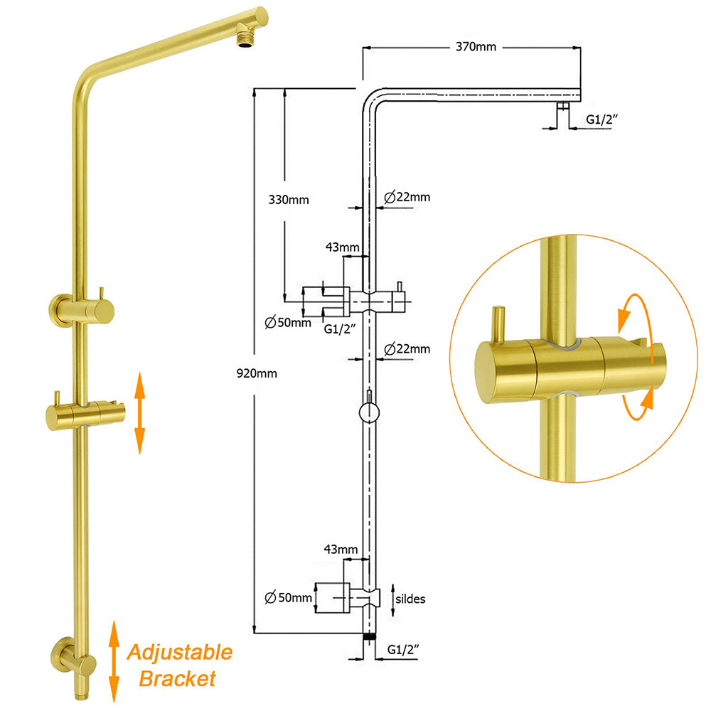 Brushed Gold Twin Shower Large Round 12" Rain Head Handheld Silde Wall Rail Arm Small Face Mixer