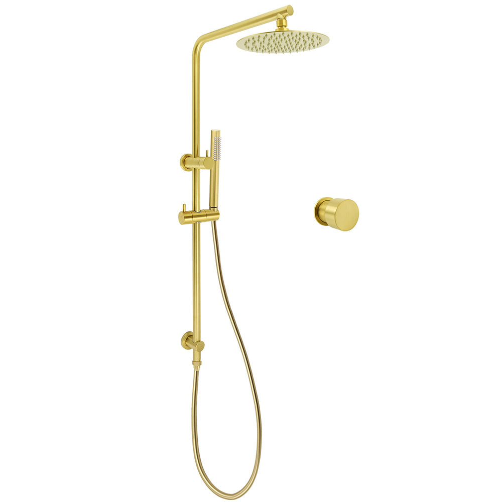 Brushed Gold Twin Shower Set 8" Round Head Single Mode Metal Handheld Sliding Rail Arm Mixer Valve