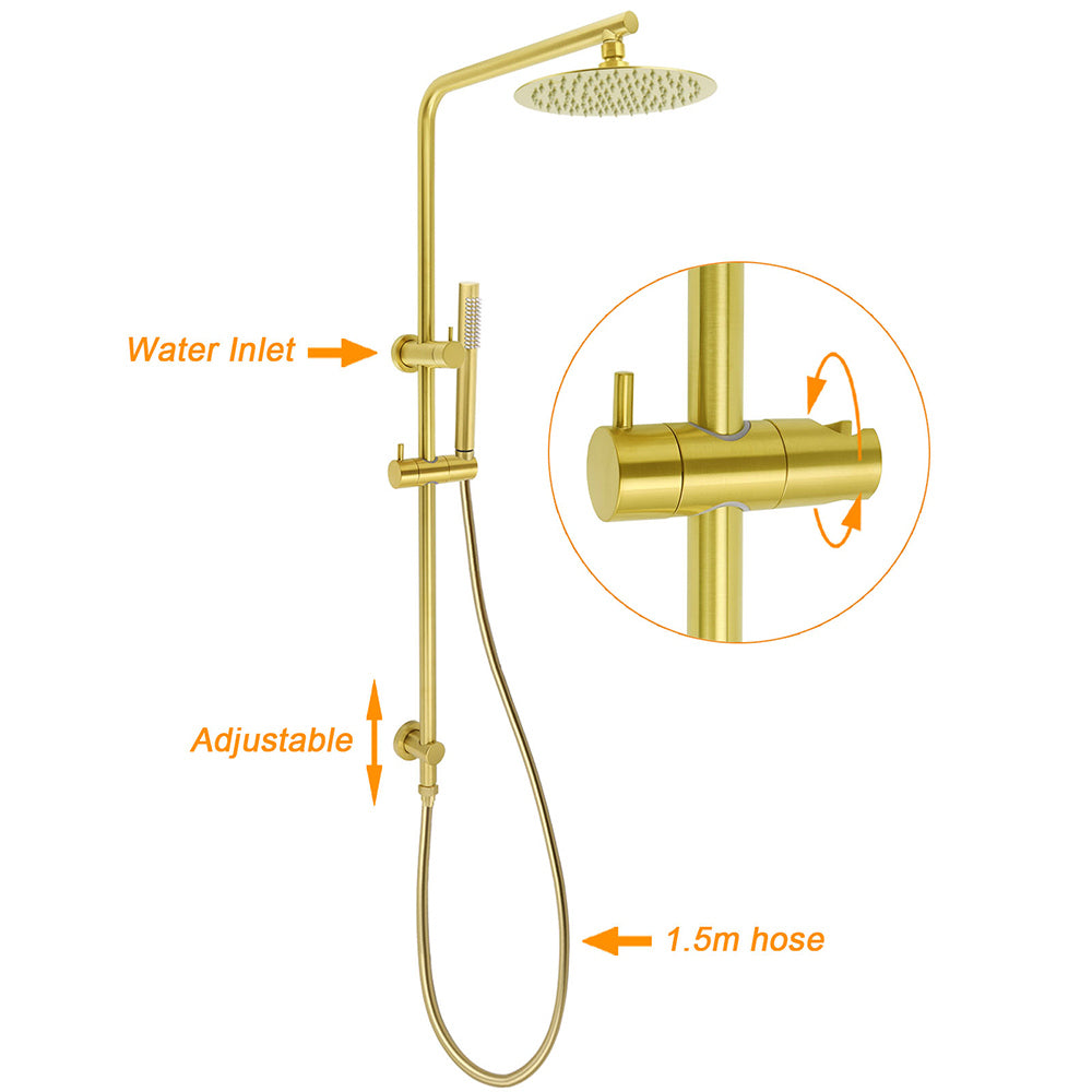Brushed Gold Twin Shower Set 8" Round Head Single Mode Metal Handheld Sliding Rail Arm Mixer Valve