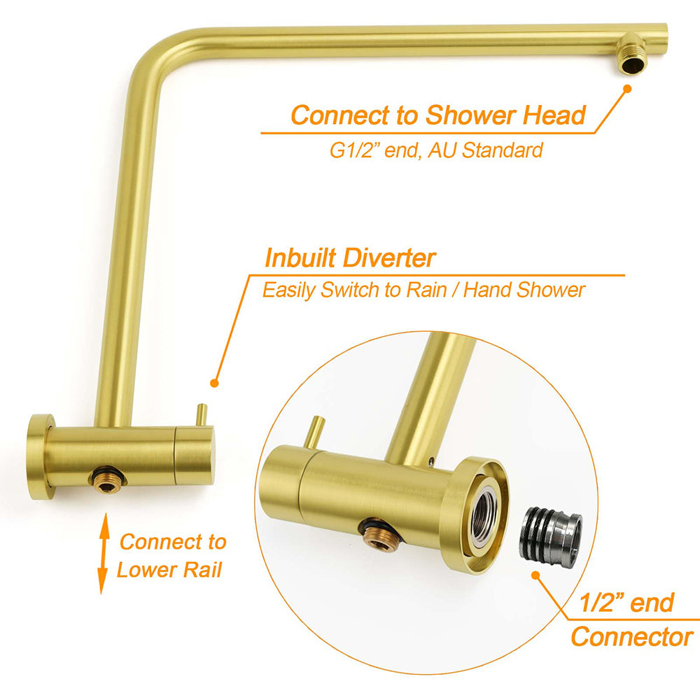 WELS Brushed Gold 2in1 Shower Large Round 12" Rain Head Handheld Silde Wall Rail Arm