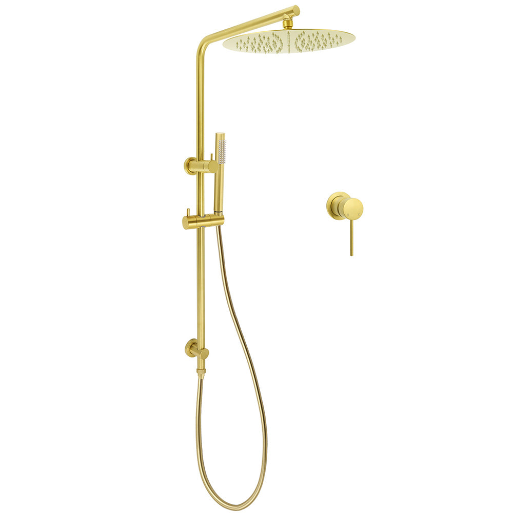 Brushed Gold Twin Shower Large Round 12" Rain Head Handheld Rose Silde Wall Rail Arm Small Face Mixer