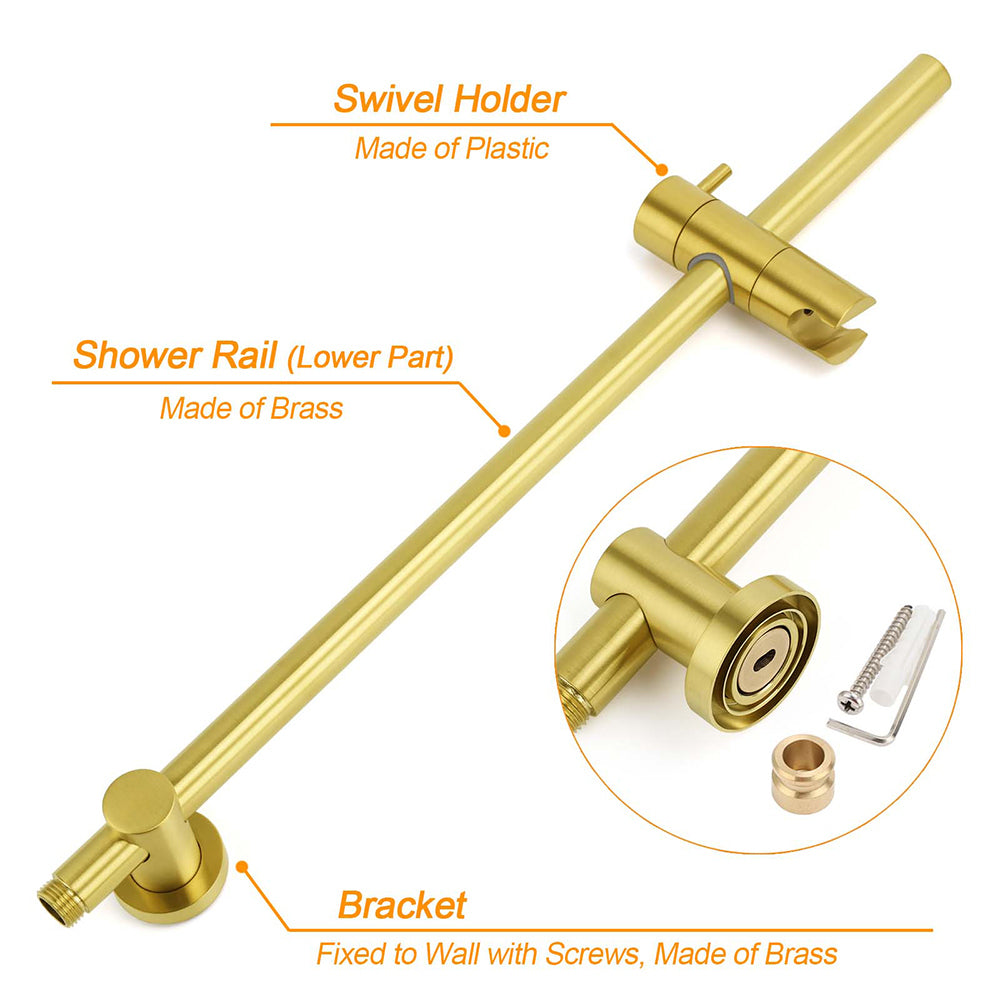 Brushed Gold Twin Shower Large Round 12" Rain Head Handheld Rose Silde Wall Rail Arm Small Face Mixer