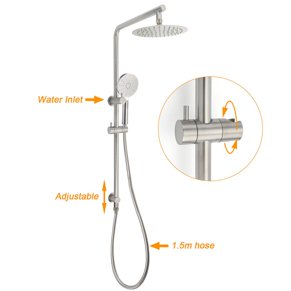 Brushed Nickel Dual Shower Set Sliding Rail Arm 8" Round Head Handheld Silver