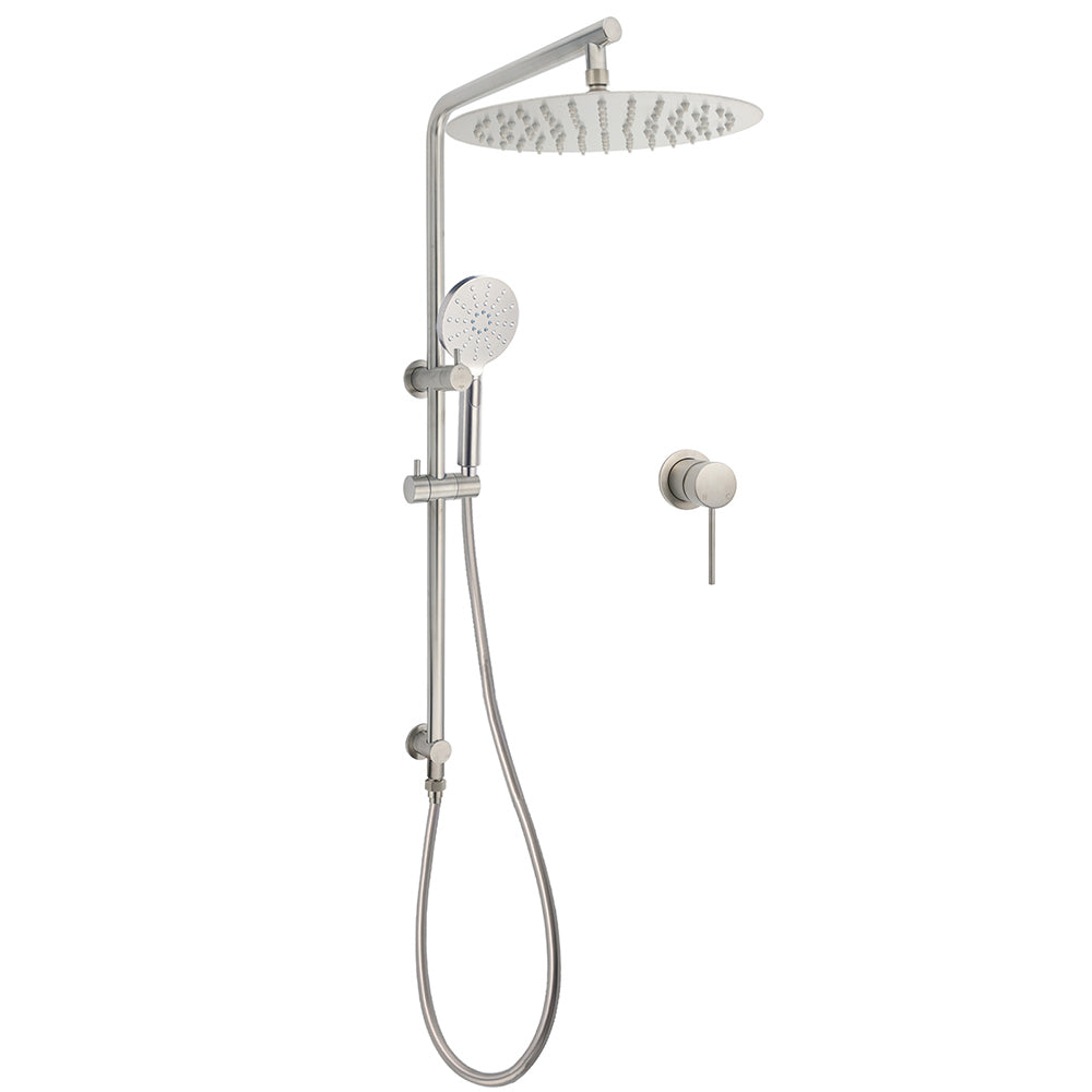 WELS Brushed Nickel 2in1 Shower Set Sliding Rail Arm 12" Round Head Handheld Small Face Mixer