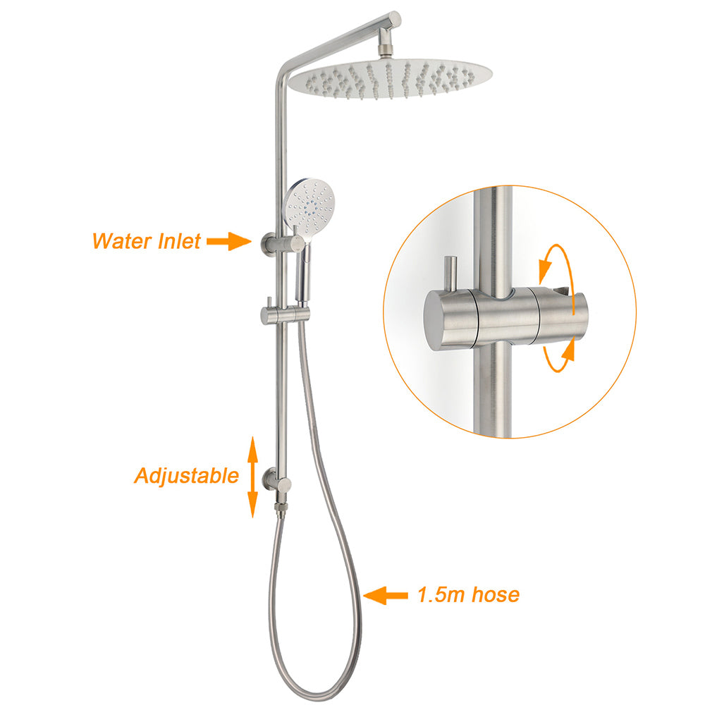 WELS Brushed Nickel 2in1 Shower Set Sliding Rail Arm 12" Round Head Handheld Small Face Mixer