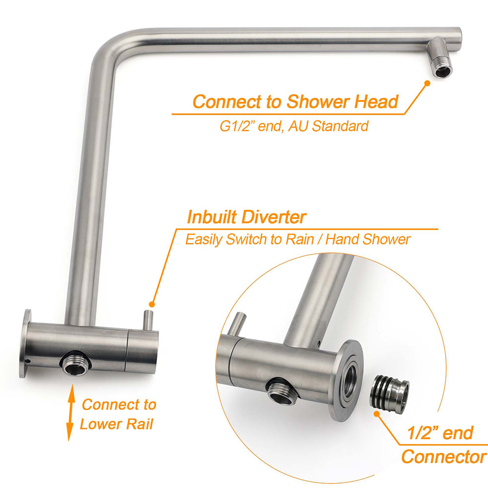 Brushed Nickel 2in1 Shower Set Sliding Rail Arm 8" Round Head Stainless Steel Handheld Twin Taps Valve