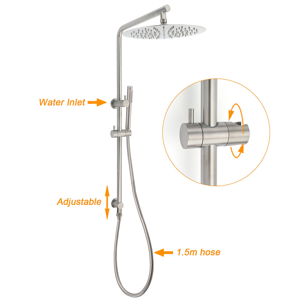 WELS Brushed Nickel Dual Shower Set Sliding Rail Arm 12" Round Head Handheld Rose Combo