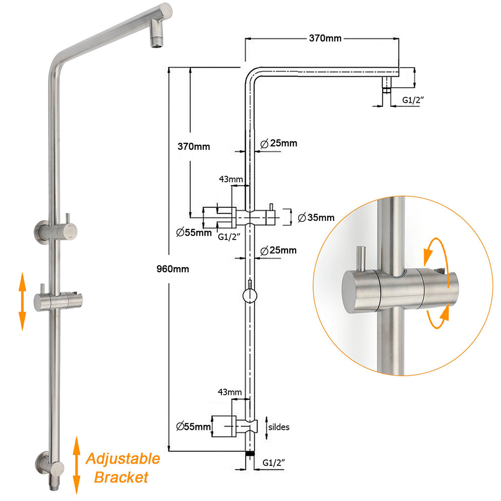 WELS Brushed Nickel Dual Shower Set Sliding Rail Arm 12" Round Head Handheld Rose Combo