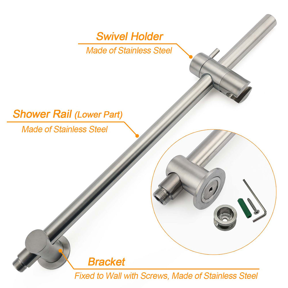 WELS Brushed Nickel Dual Shower Set Sliding Rail Arm 12" Round Head Handheld Rose Combo