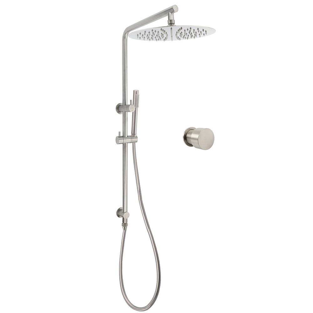 Brushed Nickel Dual Shower Set Sliding Rail Arm 12" Round Head Handheld Hot Cold Control Mixer Valve