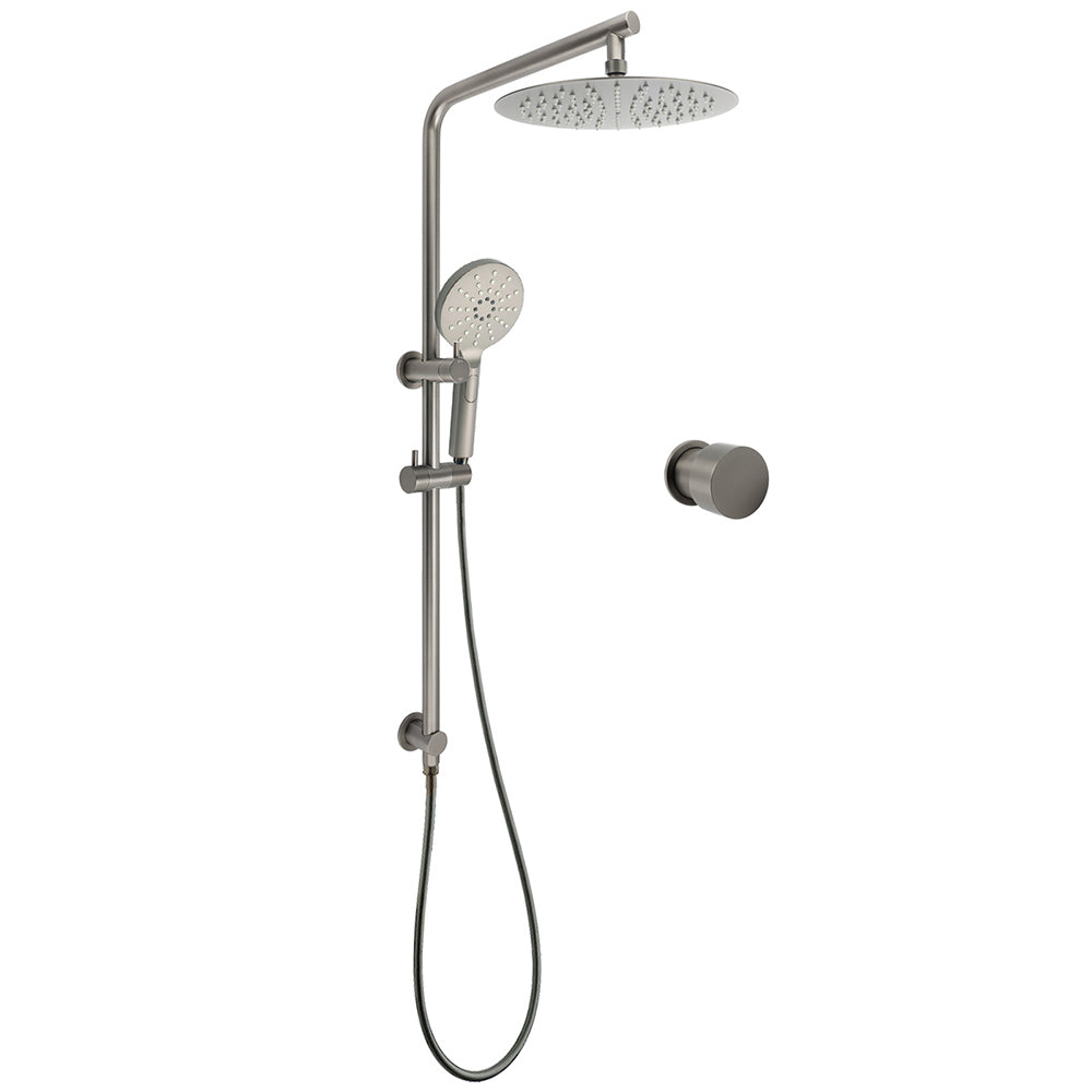 WELS Gun Metal Round 10" Twin Shower Head 3 Modes Handheld Slide Rail Arm Diverter Mixer Set