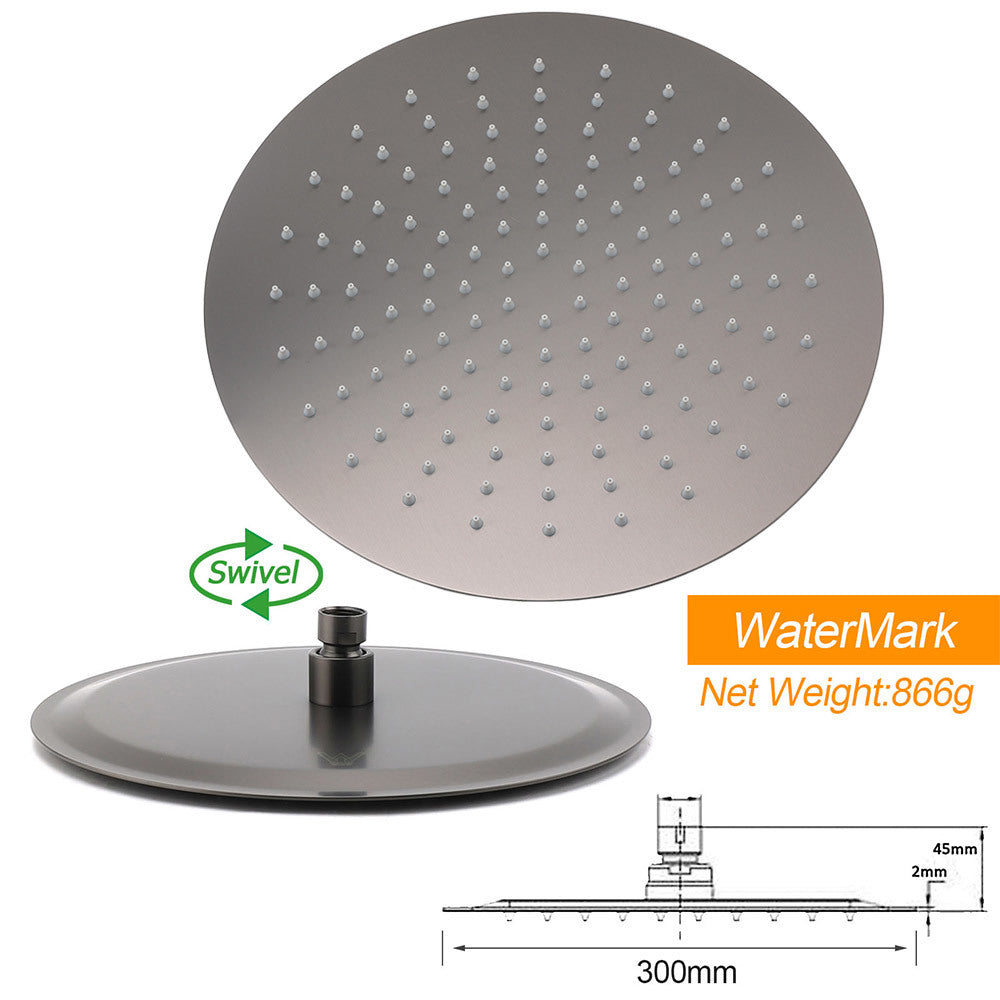 Gun Metal Round 12" Rainfall Shower Head + High Rise Gooseneck Wall Arm Bath Set