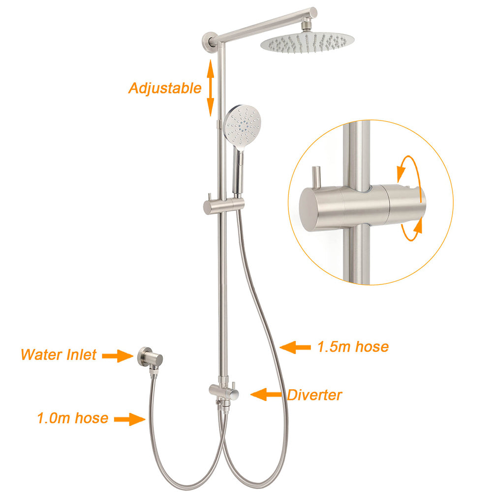 Brushed Nickel Round 8" SUS Rain Head Shower Handheld Sliding Rail Arm Chrome Set + Twin Taps