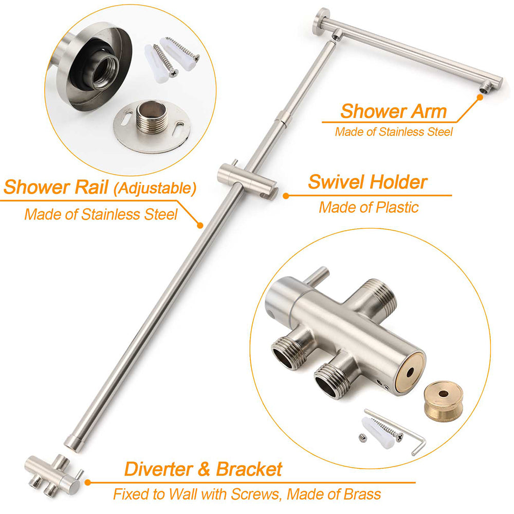 Brushed Nickel Round 8" SUS Rain Head Shower Handheld Sliding Rail Arm Chrome Set + Twin Taps