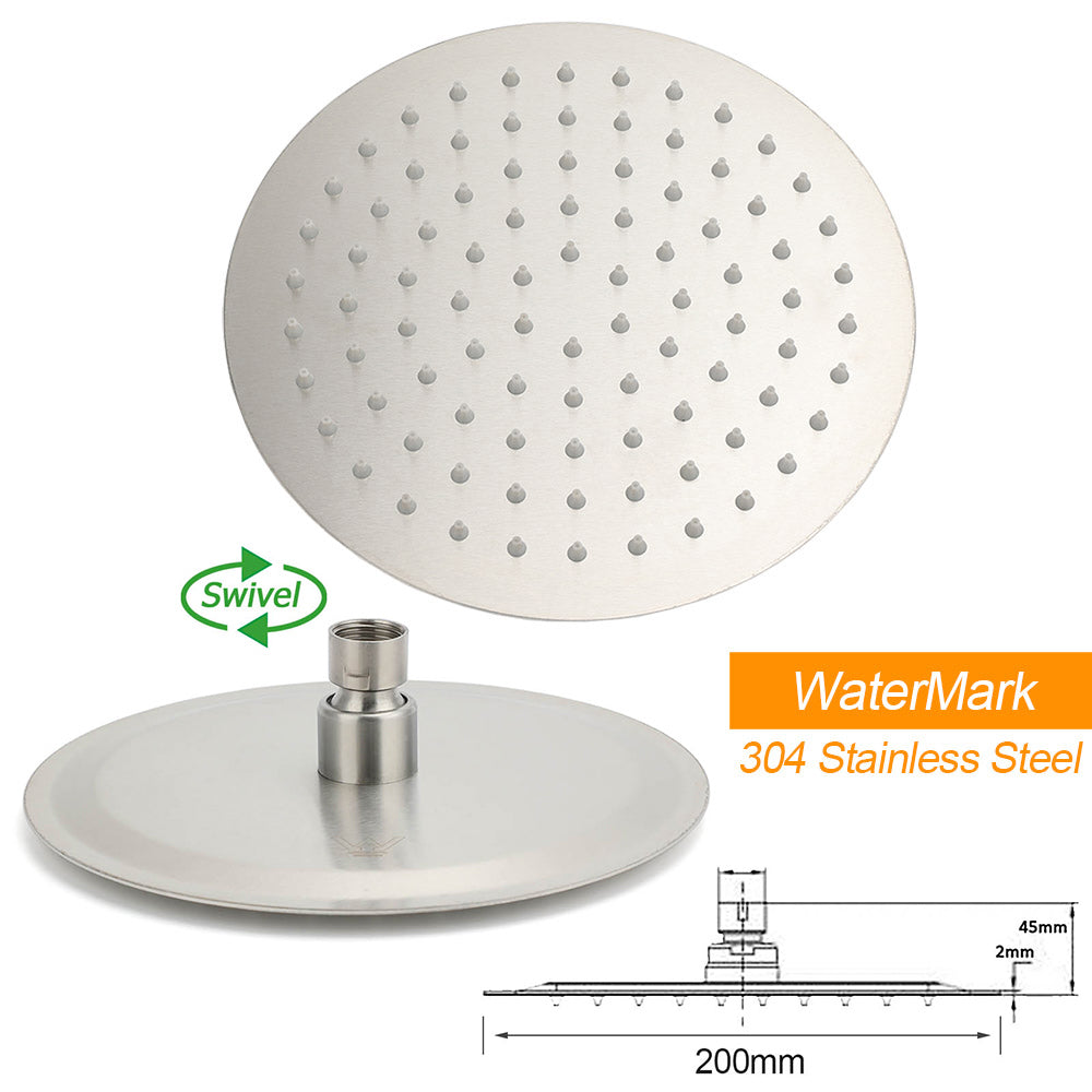 Brushed Nickel Round 8" SUS Rain Head Shower Handheld Sliding Rail Arm Chrome Set + Twin Taps
