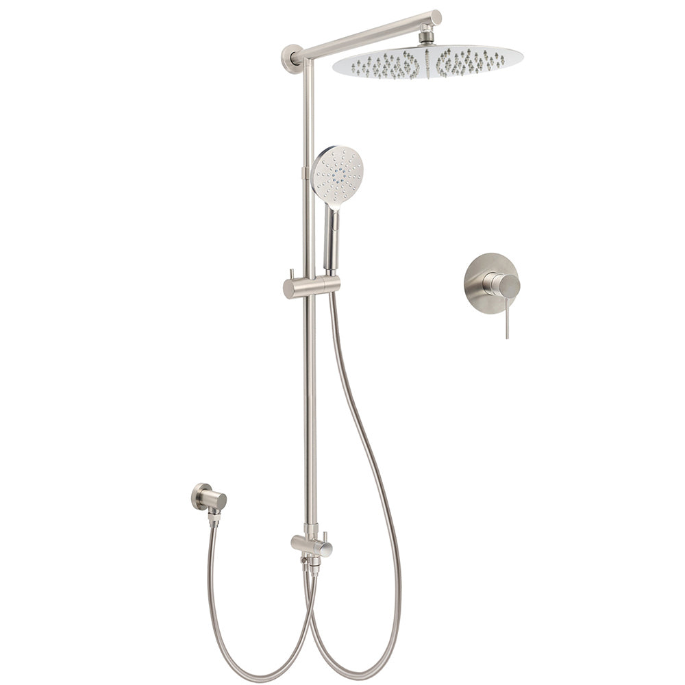 Brushed Nickel Round 12" Rainfall Head Shower Handheld Sliding Rail Arm Mixer 2in1 Set
