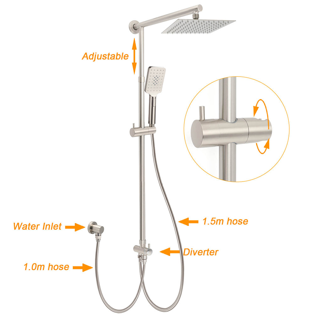 Brushed Nickel 2in1 Square 8" Thin Rainfall Head Shower Handheld Sliding Rail Arm Set