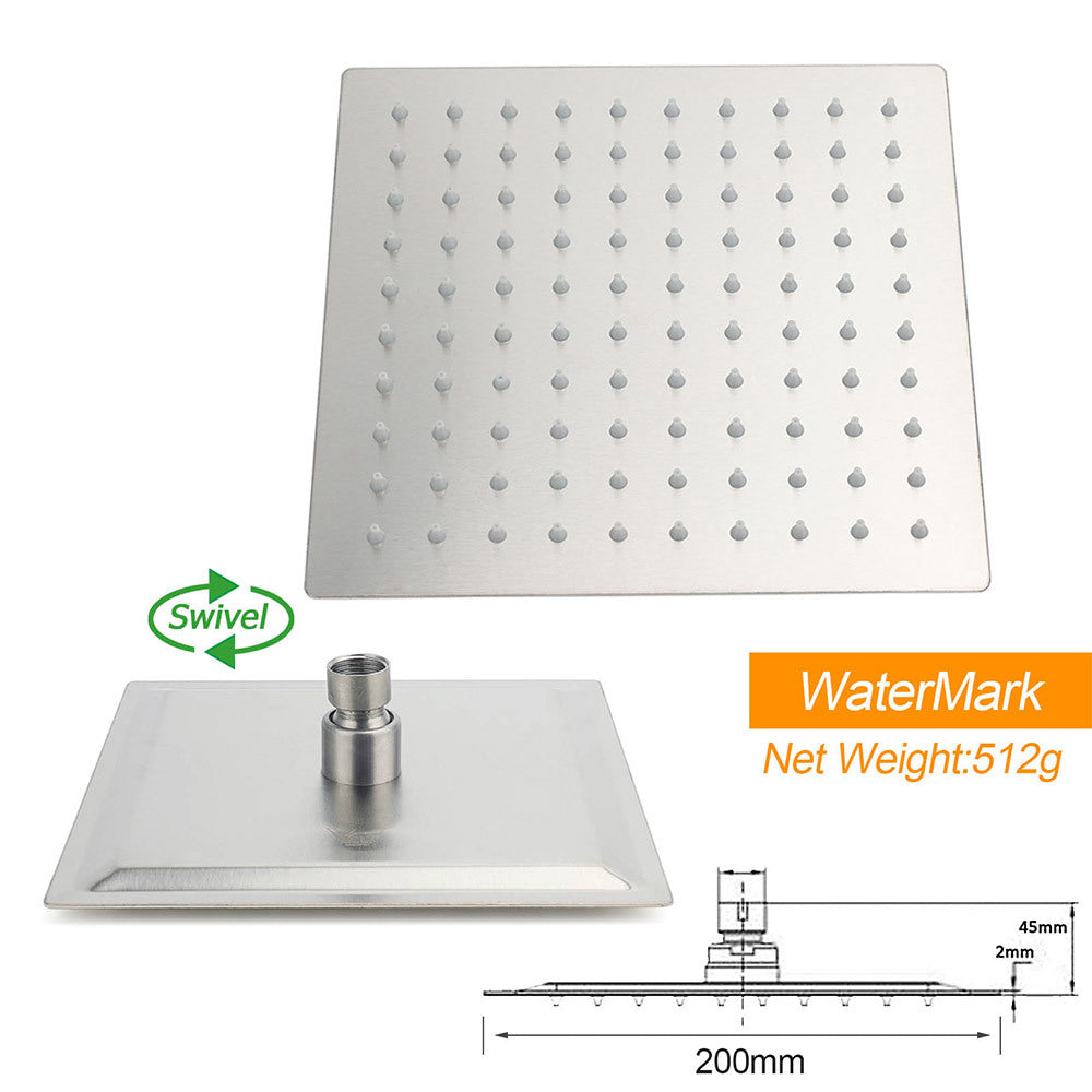 Brushed Nickel 2in1 Square 8" Thin Rainfall Head Shower Handheld Sliding Rail Arm Set