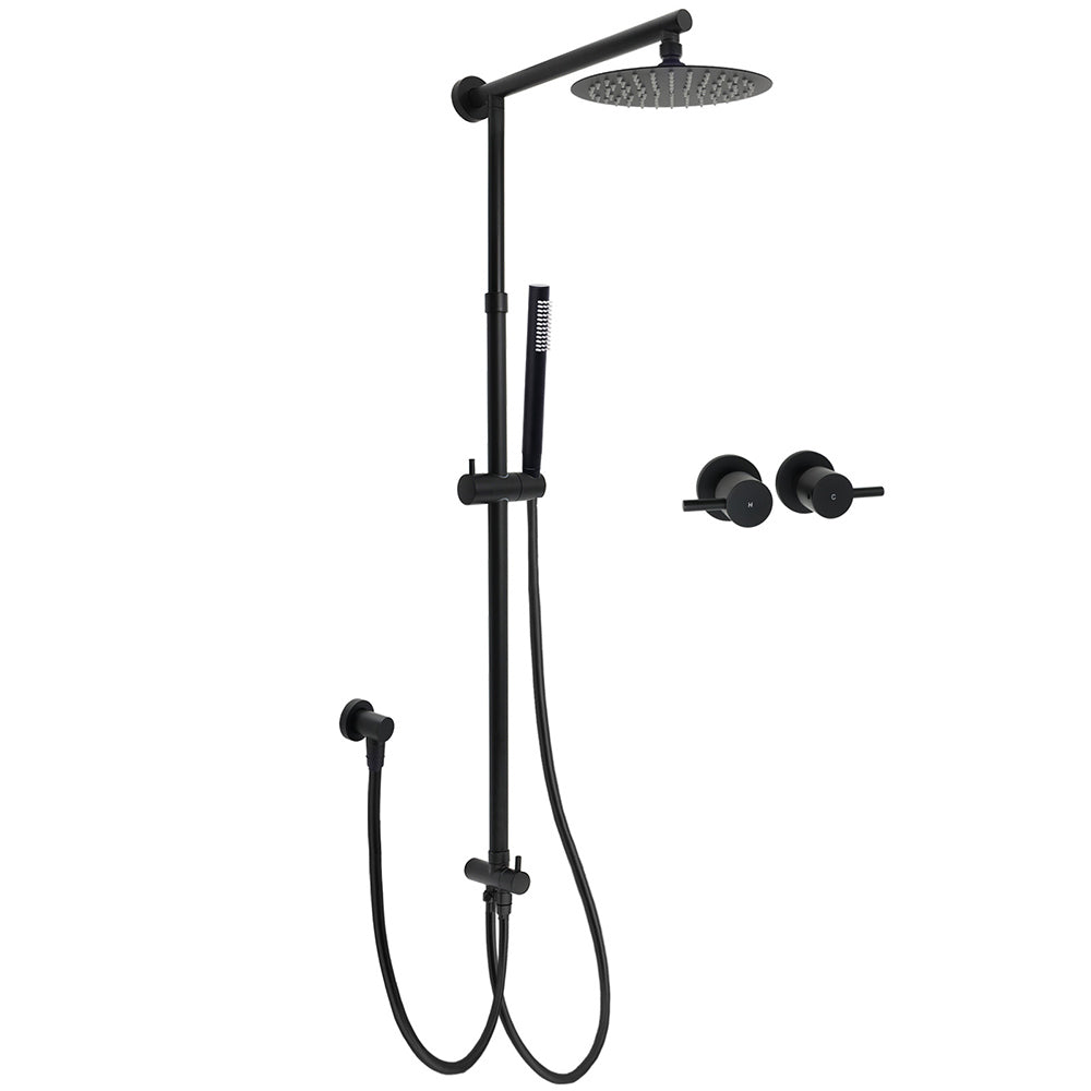 WELS Matt Black 2in1 Shower 8" Round Head Set Sliding Rail Single Mode Handheld + Twin Taps